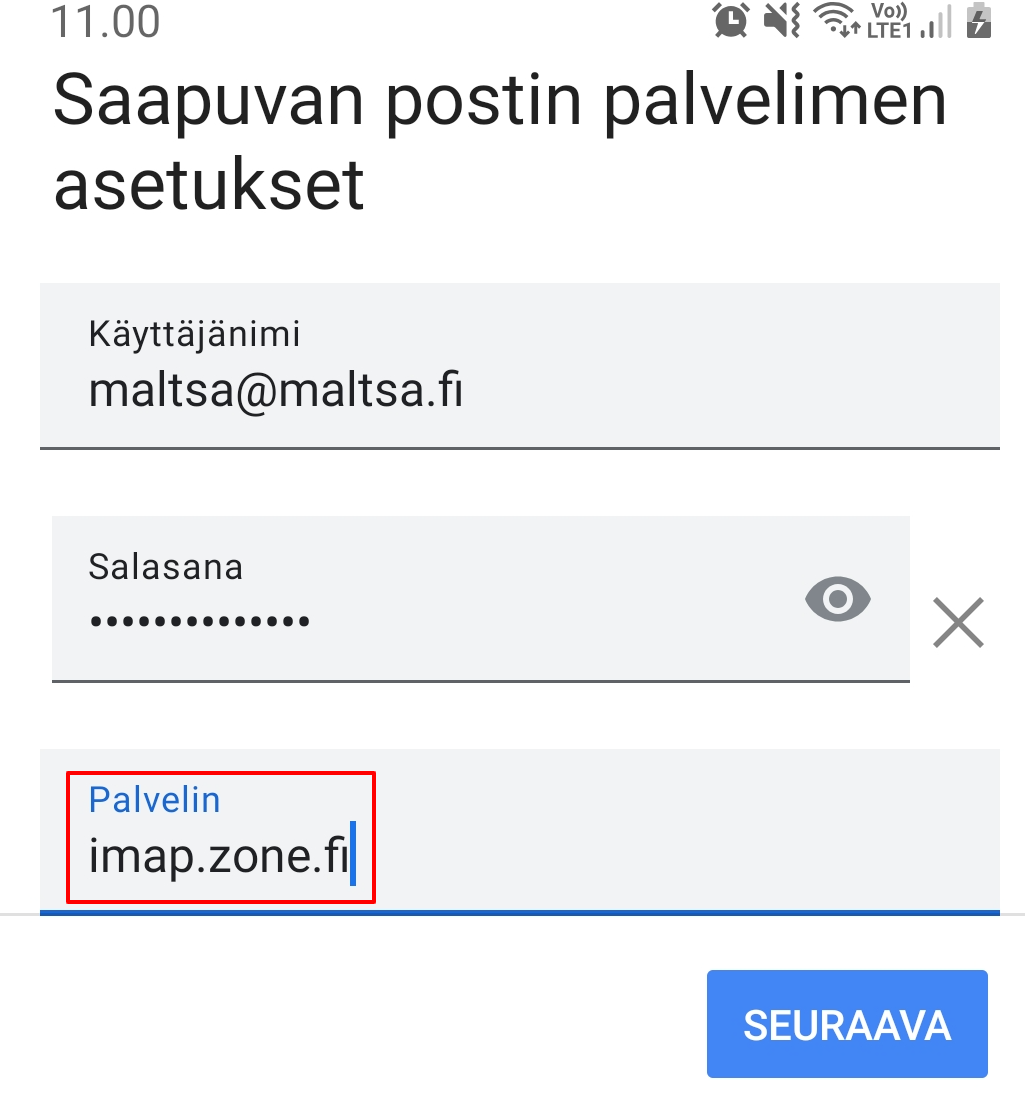 Android Gmail: saapuvan postin palvelimen asetukset