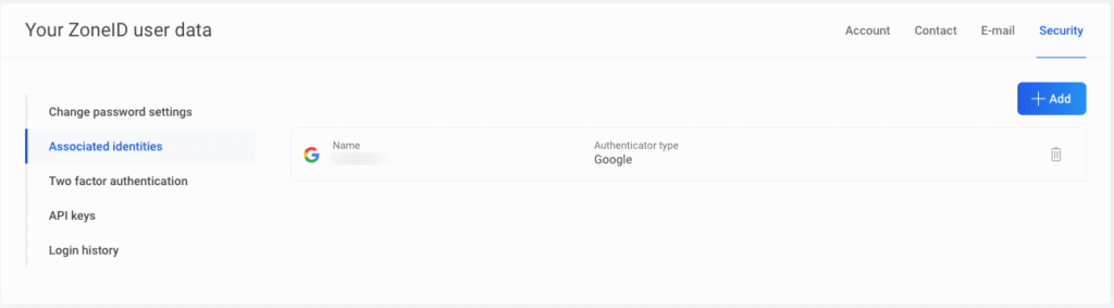 Logging in with Google: The identity is linked to the account and added to the list of associated identities.
