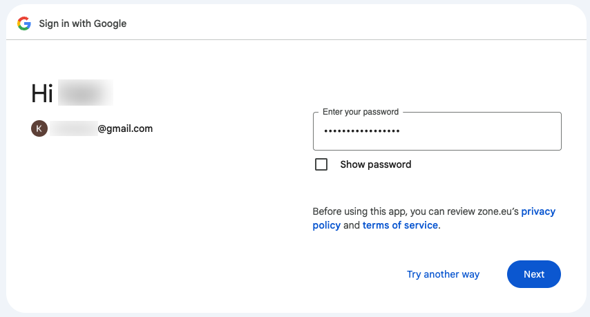 Logging in with Google: If you have chosen password as the confirmation method, in the next step enter your Gmail password and click Next.