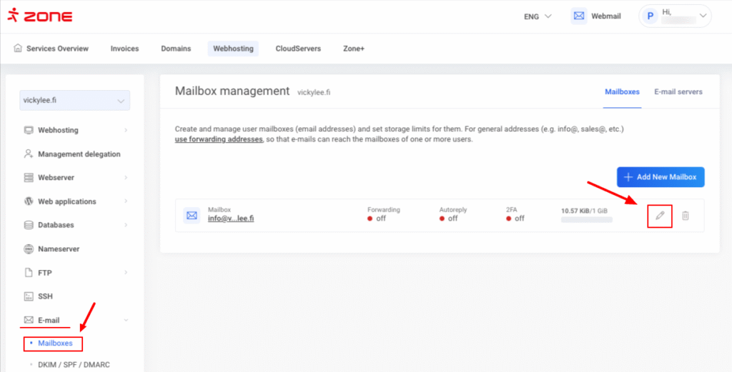 Changing e-mail password in Zone web hosting can by performed via web-hosting management in My Zone.