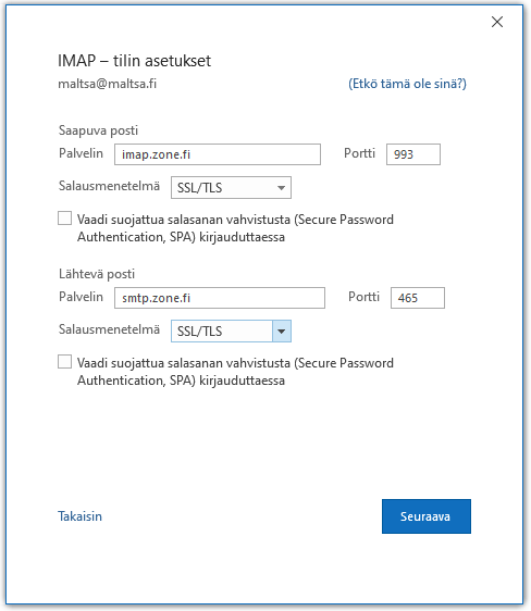 Outlook: määrittä palvelimet ja portit