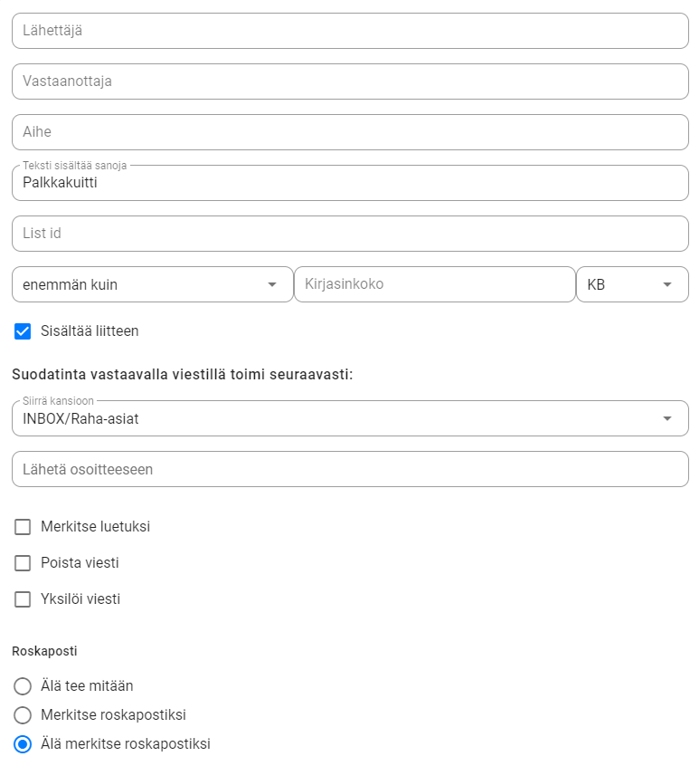 Postin suodatus webmail ympäristössä: Jos mukana on tietty avainsana, siirrä kirje toiseen kansioon.