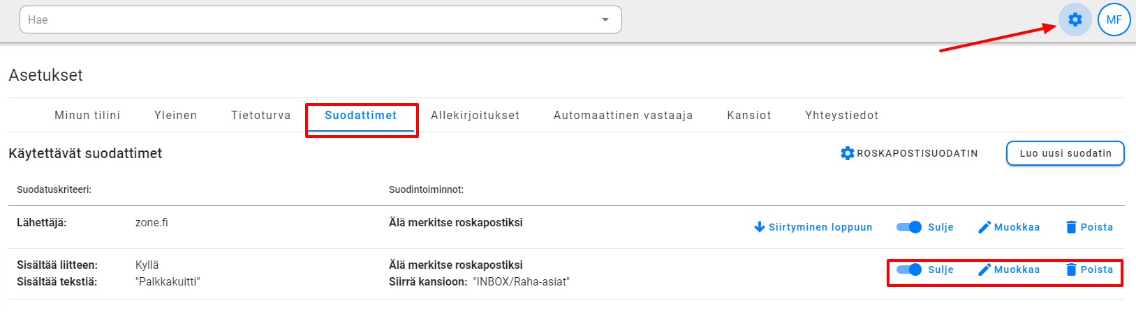 Postin suodatus webmail ympäristössä: suodattimen hallinta.