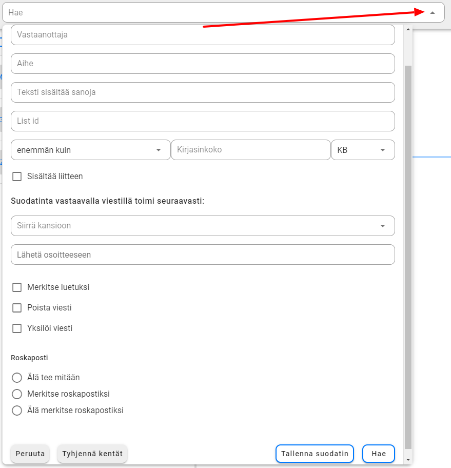 Postin suodatus webmail ympäristössä: Lisää uusi suodatus