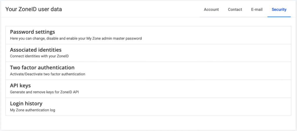 ZoneID account Security Settings