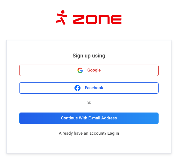 Methods for creating a ZoneID account. Google, Facebook or email.