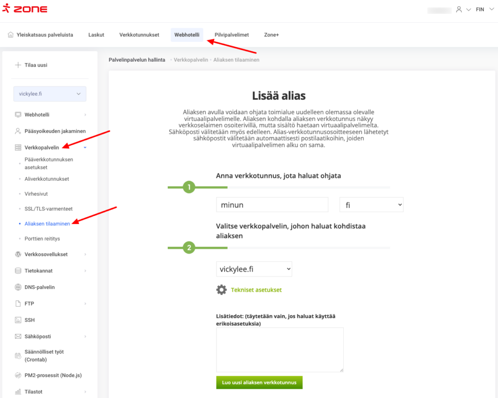 Alias on verkkotunnuksen vaihtoehtoinen nimi, jonka avulla olemassa olevan virtuaalipalvelimen kanssa voidaan käyttää toisen nimistä Internet-osoitetta.