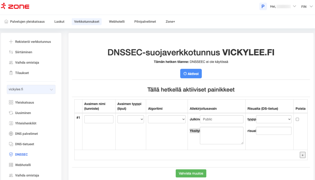 Kun verkkotunnuksesi käyttää CloudFlare-nimipalvelimia, DNSSEC-aktivointi aloitetaan CloudFlaren ohjauspaneelista.