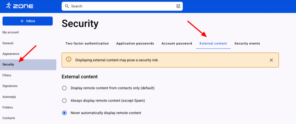 Allowing external content in Webmail is for example links to internet content (e.g. images) that are not directly included in the email message, but are downloaded from an external source when the email message is opened.