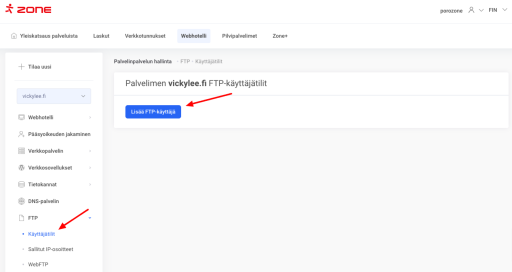 FTP käyttäjätilin luomiseksi Zonen webhotellissa tai pilvipalvelimessa kirjaudu ensin sisään My Zone -hallintapaneeliin.