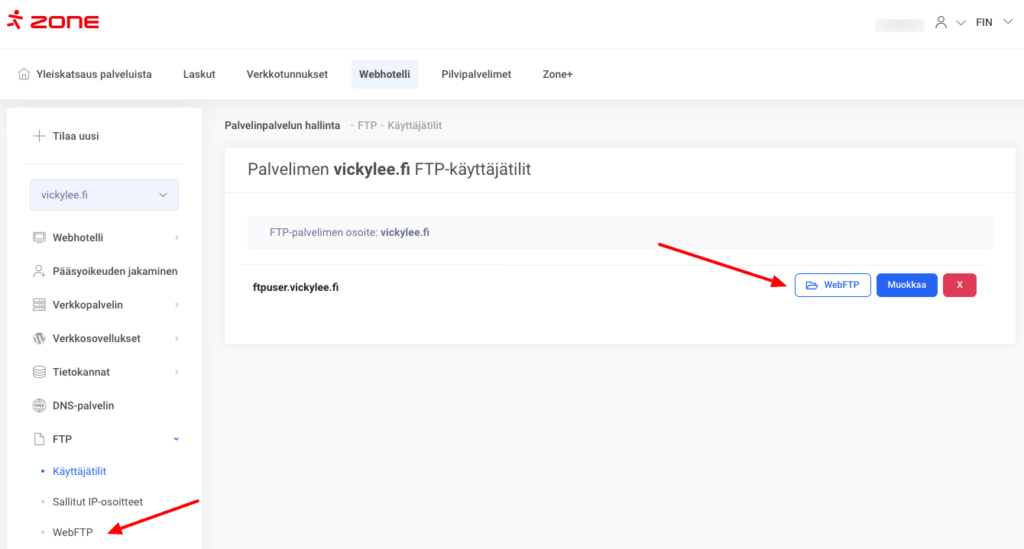 WebFTP on helpoin tapa saada yleiskatsaus palvelintiedostoistasi, tehdä nopeasti pieniä muutoksia PHP/HTML-tiedostoihin tai tarkistaa palvelimen lokeja.