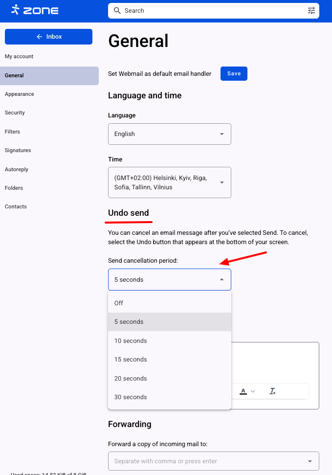 Webmail's general settings - undo sending