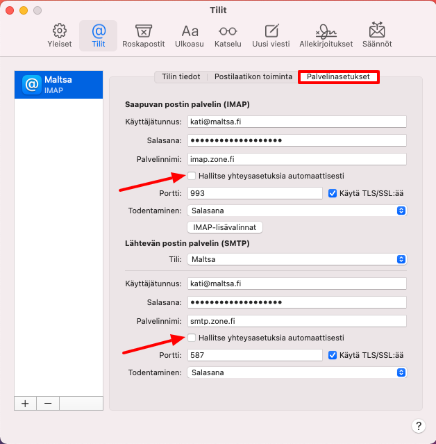 Mac mail: Portit ja muut palvelimen asetukset löydät valikosta Palvelinasetukset. Että näkisit portteja ole hyvä ja ota ruksi pois kohdasta Hallitse yhteysasetuksia automaattisesti.