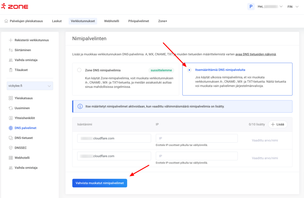Nimipalvelimen muutoksen leviäminen vie  lähimmissä verkoissa noin 1-2 tuntia ja noin 24h internetissä. Muutoksen jälkeen koko DNS-tietueiden hallinnointi on tehtävä uuden nimipalvelinpalveluntarjoajan ympäristön kautta.