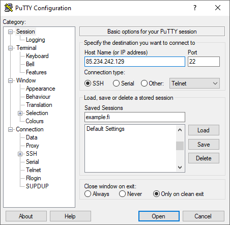 PuTTY configuration