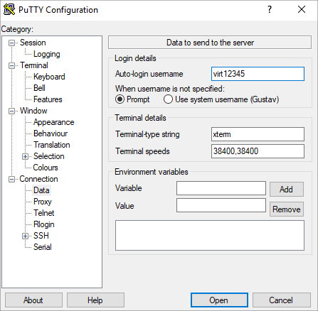 PuTTY configuration