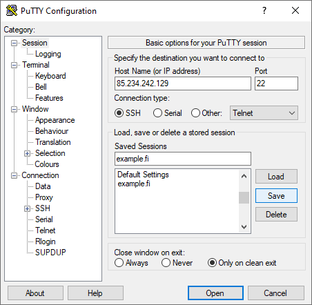PuTTY configuration