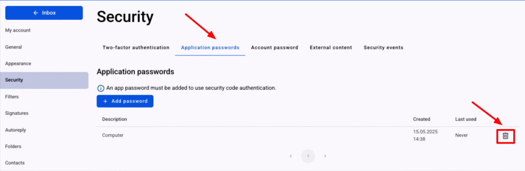 Email application passwords. To delete the application password, click on the Trash icon.