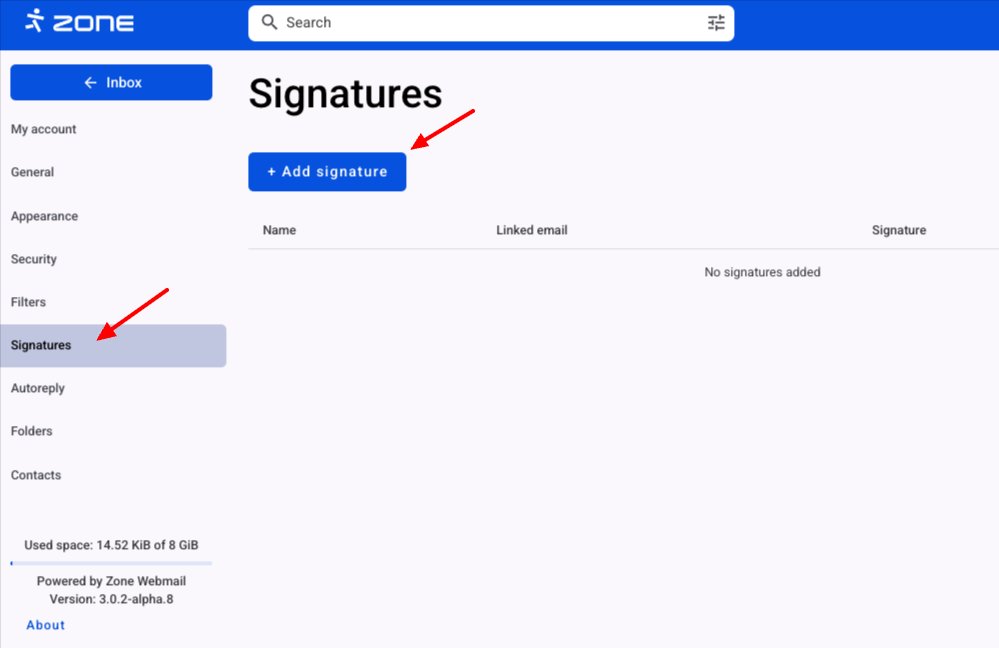 Adding a signature to Webmail is very easy in Zone, and in that environment you can manage them according to your needs.