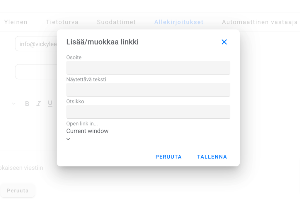 Allekirjoituksen lisääminen Webmailiin: hyperlinkin lisääminen