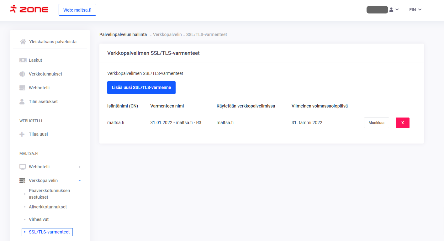 Asentamiseksi pitää sivulla Verkkopalvelin SSL/TLS-varmenteet painaa nappia Lisää uusi SSL/TLS-varmenne.