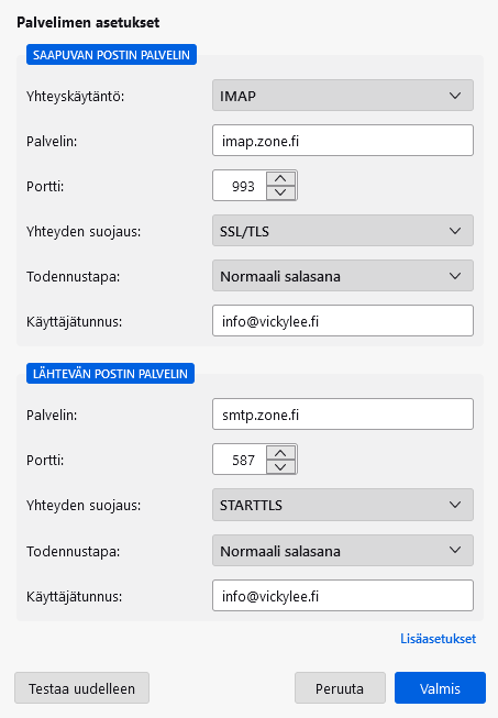 Jos Mozilla Thunderbird ei pystynyt tunnistamaan tietoja automaattisesti, sinun on napsautettava automaattisen asennusikkunan viimeisessä vaiheessa vaihtoehtoa Määritä manuaalisesti: