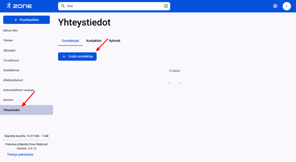 Zone webmail: Ennen yhteystiedon lisäämistä sinun on lisättävä osoitekirja.