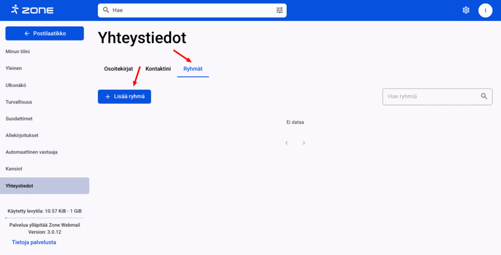 Zone webmail: Jos sinulla on useita yhteystietoja, voit myös jakaa ne erillisiin ryhmiin. Luodaksesi ryhmän, napsauta Lisää ryhmä -painiketta.