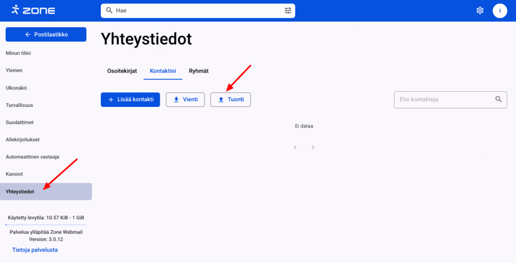 Zone webmail: Tuodaksesi yhteystietoja, valitse Yhteystiedot ja Tuonti.