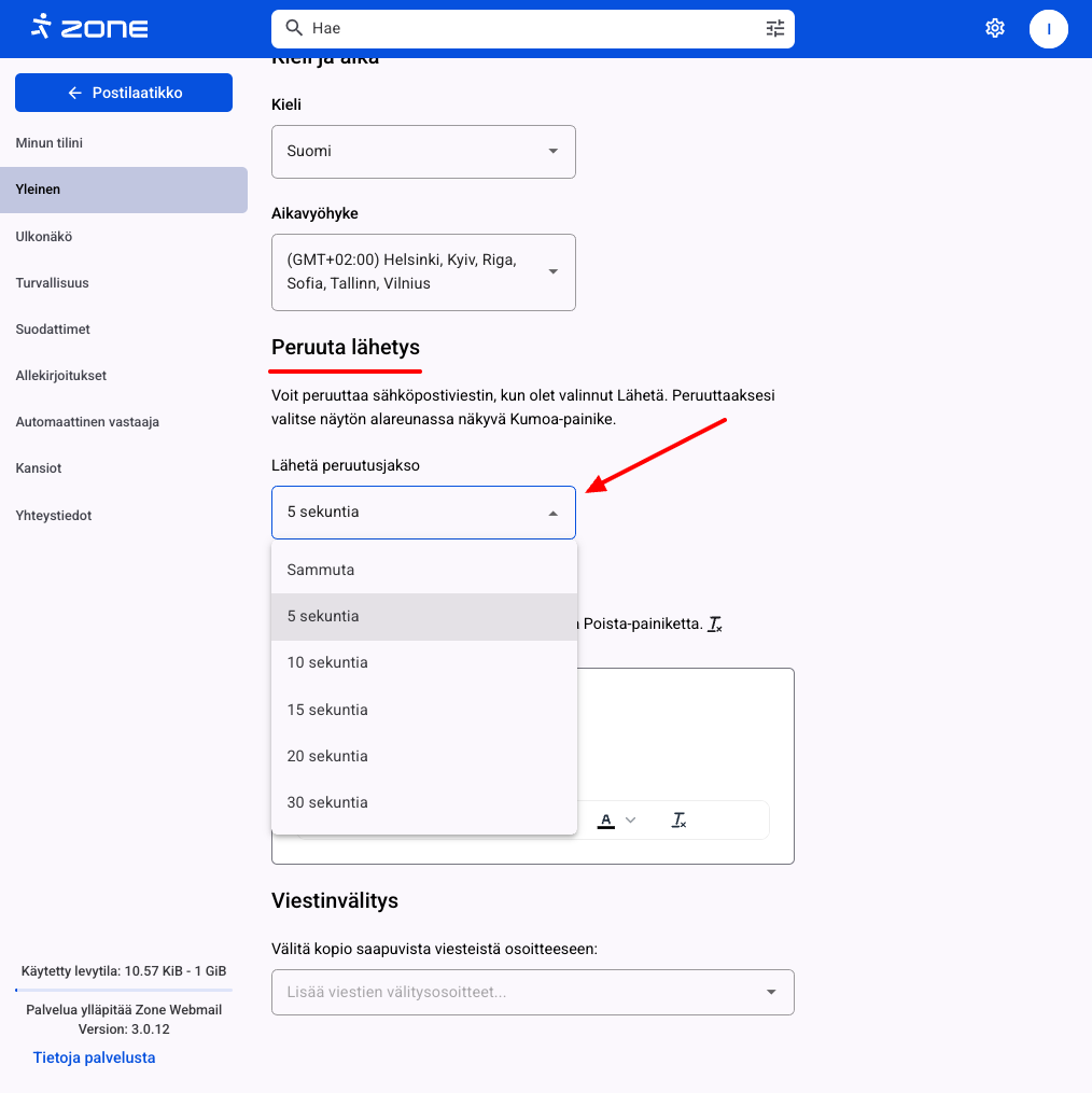 Webmailin yleiset asetukset - lähetyksen peruuttaminen