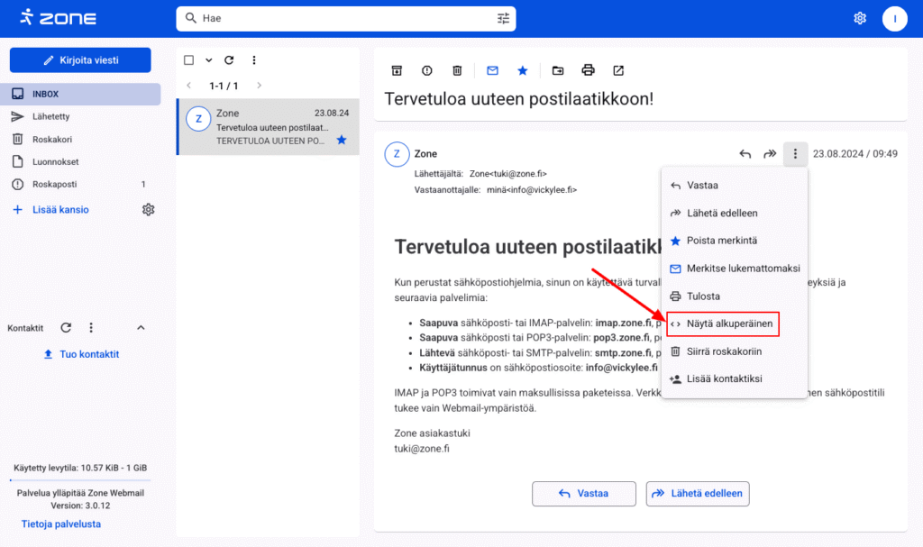 Webmailin yleiset asetukset - sähköposti .EML tiedostona