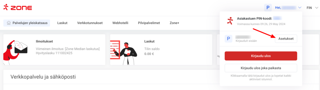 Jos haluat muokata ZoneID-tilisi asetuksia, kirjaudu sisään My Zone:en, napsauta käyttäjätunnuksella ja valitse Asetukset.